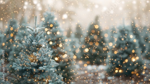 A serene Christmas tree farm with soft bokeh lights and snow gently falling on vibrant green trees