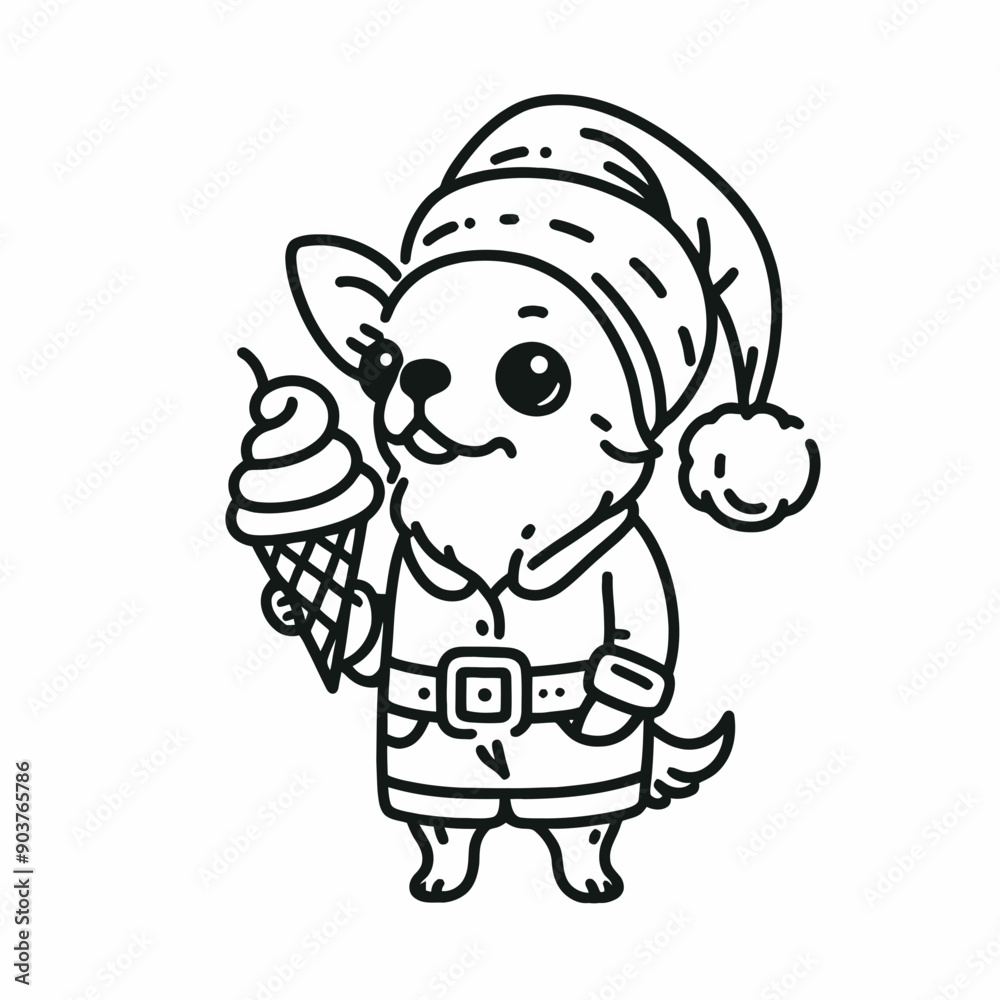 Obraz premium Chihuahua Dog wearing a santa hat and santa claus costumes hold a ice cream in Christmas Eve Holiday Funny Party Cute Doodle Cartoon Line Art Vector Clipart 