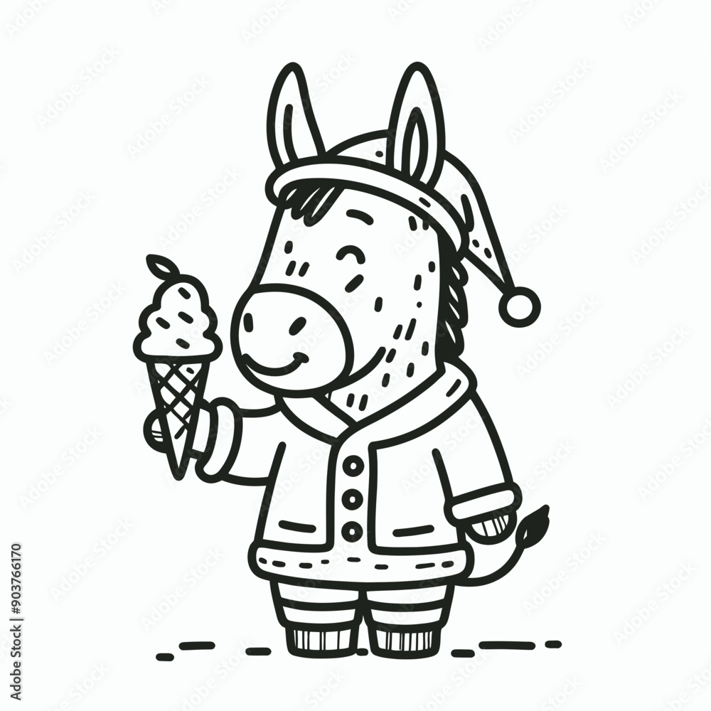 Donkey wearing a santa hat and santa claus costumes hold a ice cream in Christmas Eve Holiday Funny Party Cute Doodle Cartoon Line Art Vector Clipart Donkey wearing a santa hat and santa claus costumes hold a ice cream in Christmas Eve Holiday Funny Party Cute Doodle Cartoon Line Art Vector Clipart