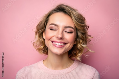 Serene portrait of a happy individual with closed eyes, a radiant smile, and a gentle head tilt, set against a soft pink background. © Curie