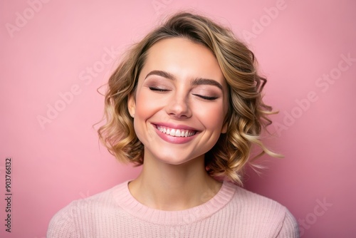 Serene portrait of a happy individual with closed eyes, a radiant smile, and a gentle head tilt, set against a soft pink background. photo