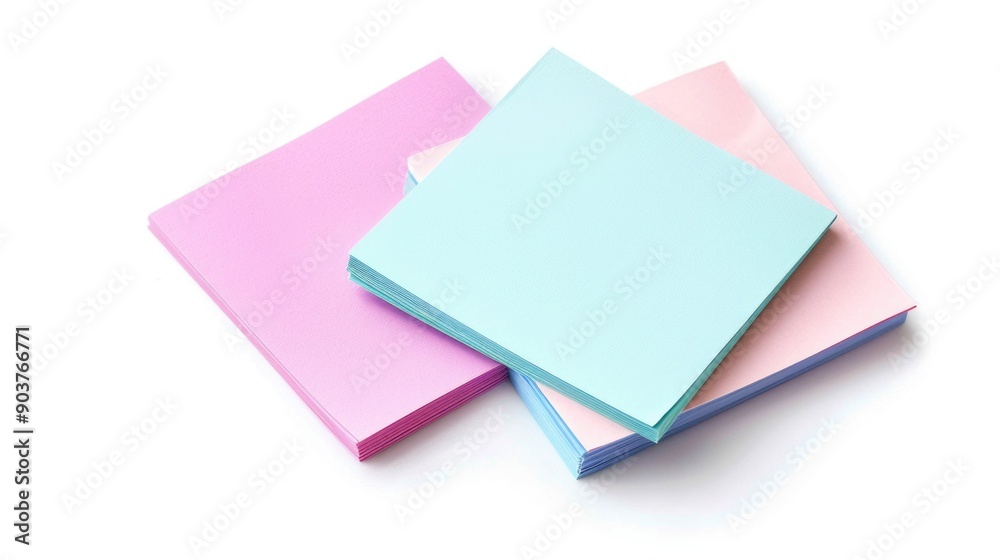 A stack of three different colored papers on a white surface
