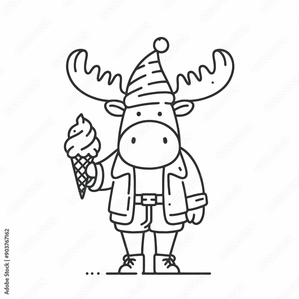 Moose wearing a santa hat and santa claus costumes hold a ice cream in Christmas Eve Holiday Funny Party Cute Doodle Cartoon Line Art Vector Clipart Moose wearing a santa hat and santa claus costumes hold a ice cream in Christmas Eve Holiday Funny Party Cute Doodle Cartoon Line Art Vector Clipart