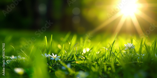 green grass and sunlight in the morning, nature generative Ai