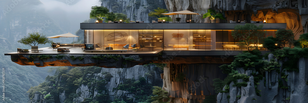 A modern restaurant in the mountains of Chongqing. China with an outdoor seating area and glass walls overlooking cliff rock 