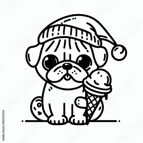  Pug Dog wearing a santa hat  hold a ice cream in Christmas Eve Holiday Funny Party   Cute Doodle Cartoon Line Art Vector Clipart