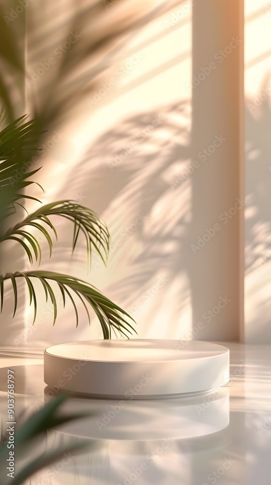 interior of a hotel room with close up product display podium