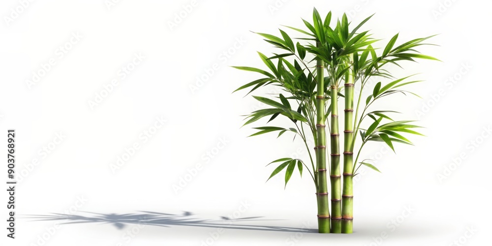 Obraz premium Single stalk of bamboo with feathery green leaves and woody stem standing upright, isolated on a clear white background with subtle shadows.
