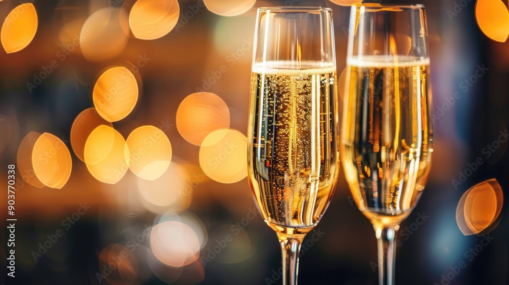 Elegant close-up of champagne glasses clinking for Valentine Day, with soft bokeh lights in the background, perfect for romantic settings
