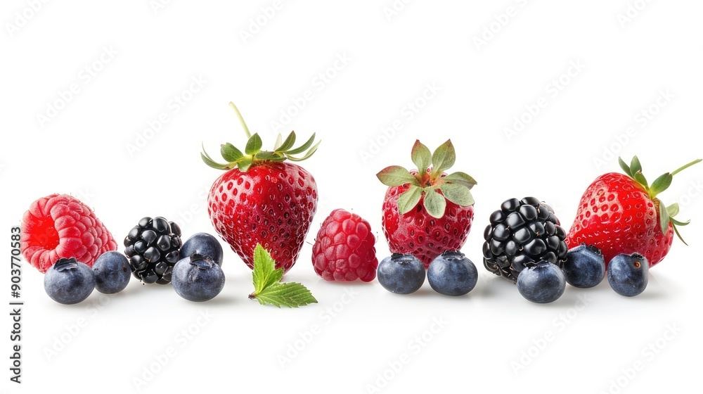 Fresh berries collection isolated on a white background, featuring a mix of strawberries, blueberries, raspberries, and blackberries Fresh berries collection isolated on a white background, featuring a mix of strawberries, blueberries, raspberries, and blackberries