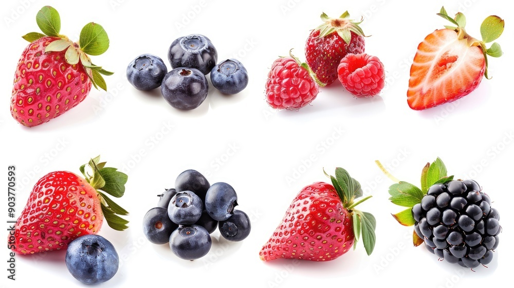 Fresh berries collection isolated on white background, featuring a mix of strawberries, blueberries, raspberries, and blackberries Fresh berries collection isolated on white background, featuring a mix of strawberries, blueberries, raspberries, and blackberries