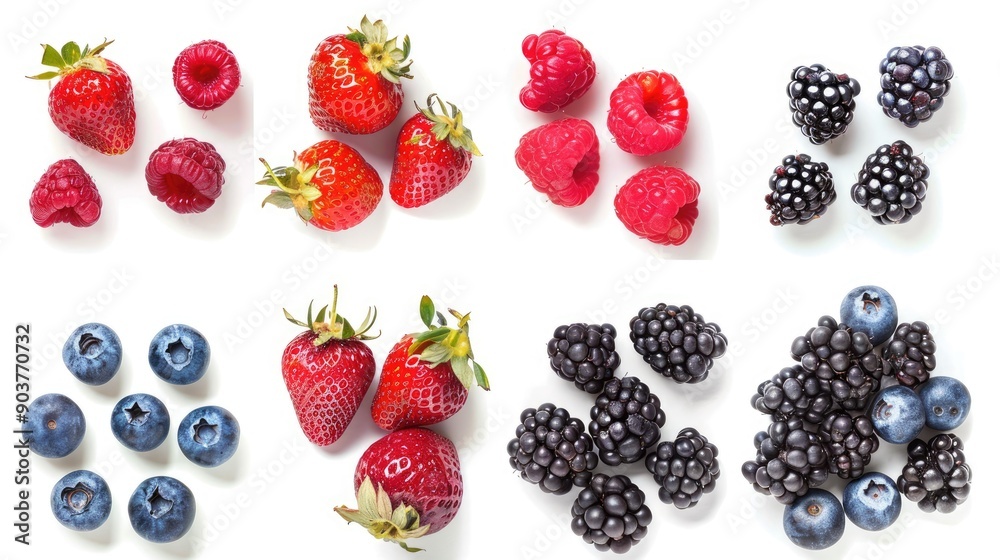 Fresh mix of berries isolated on white, including strawberries, blueberries, raspberries, and blackberries in a vibrant set Fresh mix of berries isolated on white, including strawberries, blueberries, raspberries, and blackberries in a vibrant set