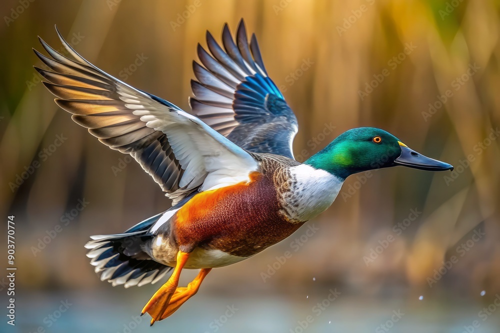 Isolated on transparent background, a Northern Shoveler bird in mid-flight, showcasing its vibrant green head, yellow eyes, and striking brown and white feathers in detail.