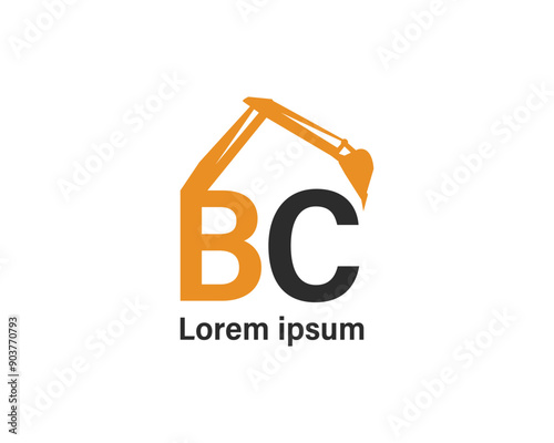 BC Vector Logo Design Template with Excavator Construction, Black and Orange Color Scheme