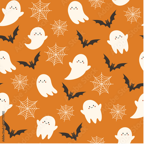 Halloween seamless pattern. Vector illustration of Halloween party. Bats, spider web and cute ghost on a orange background. Holiday cartoon seamless pattern.