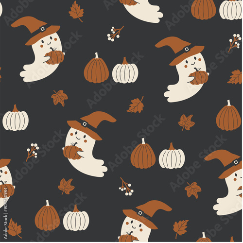 Halloween seamless pattern. Vector illustration of Halloween party. Pumpkins and cute ghost on a dark background. Holiday cartoon seamless pattern.