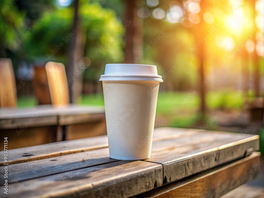 A solitary white coffee paper cup with a lid sits atop a rustic wooden podium, awaiting its morning beverage, against a blurred background. A solitary white coffee paper cup with a lid sits atop a rustic wooden podium, awaiting its morning beverage, against a blurred background.