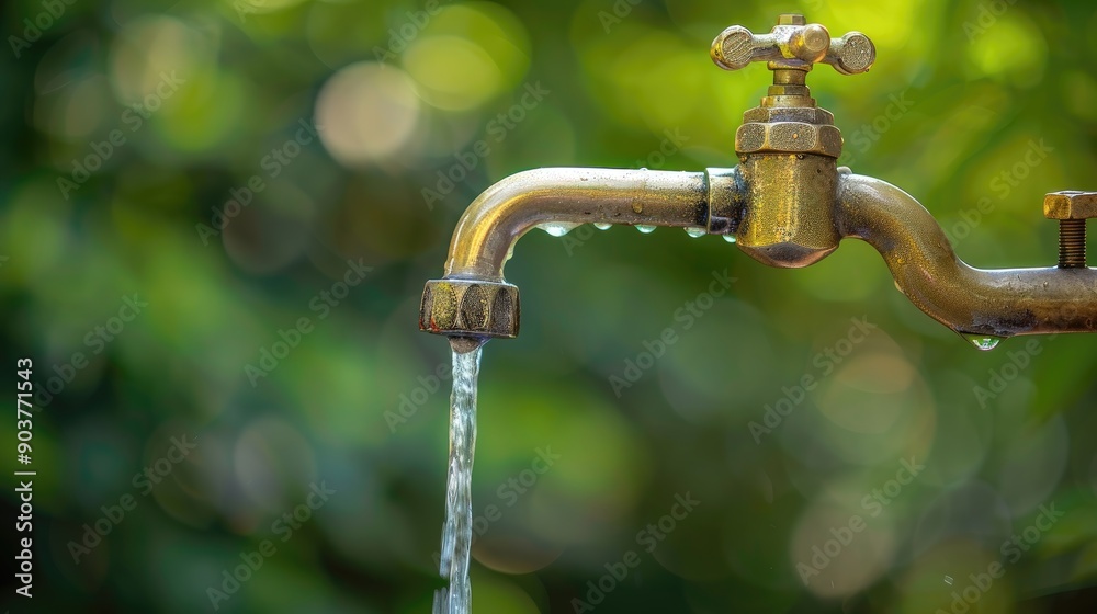 A faucet is dripping water in a green field A faucet is dripping water in a green field