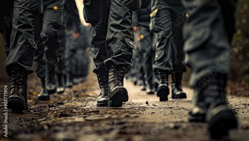 Military Boots Marching on Muddy Path
