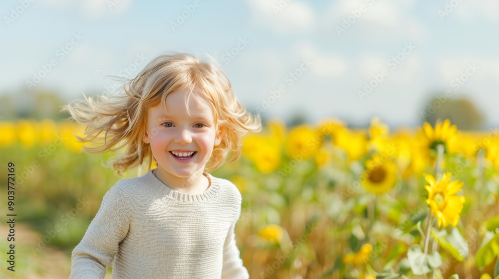 Joyful Blonde Child Running Through Vibrant Sunflower Field Under Bright Blue Sky, Embracing Nature and Sunshine, Capturing Childhood Happiness, Beauty, Happiness, Playfulness, Outdoor Fun, Summer Day Joyful Blonde Child Running Through Vibrant Sunflower Field Under Bright Blue Sky, Embracing Nature and Sunshine, Capturing Childhood Happiness, Beauty, Happiness, Playfulness, Outdoor Fun, Summer Day