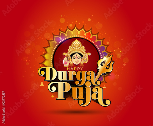 Happy Durga Puja logo. Vector greeting card.
