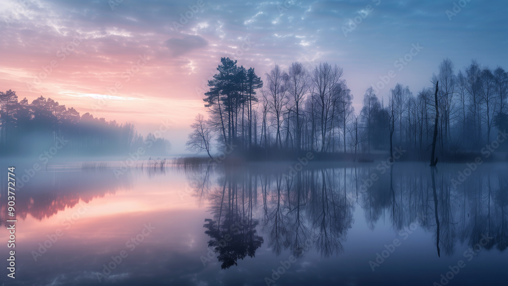 “Pastel Dusk: Misty Lake and Trees in Early Evening “Pastel Dusk: Misty Lake and Trees in Early Evening