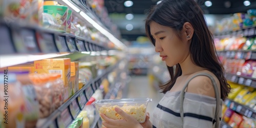 Mindful Consumerism: A Close-up of a Young Woman Reading Dairy Product Labels in a Grocery Store for Informed Choices.