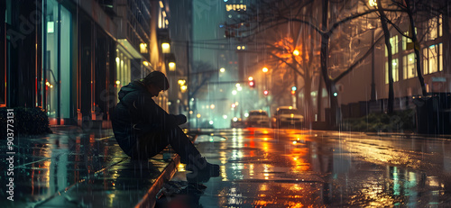 A young man sits on a wet sidewalk in a rainy city, illuminated by colorful street lights. He appears contemplative, with his head down, dressed in a dark hoodie and pants. photo