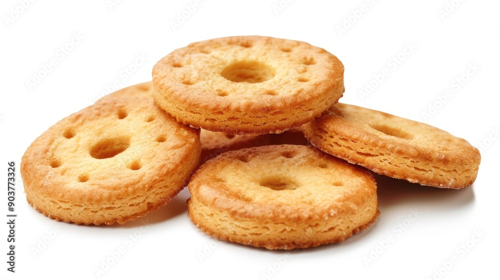 Round biscuits with a hole in the center, set against a white background, ideal for showcasing snack and bakery items Round biscuits with a hole in the center, set against a white background, ideal for showcasing snack and bakery items