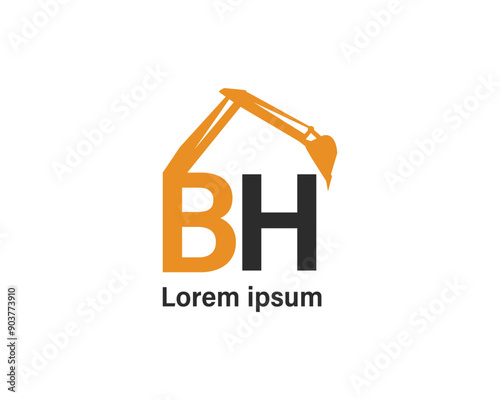 BH Vector Logo Design Template with Excavator Construction in Black and Orange