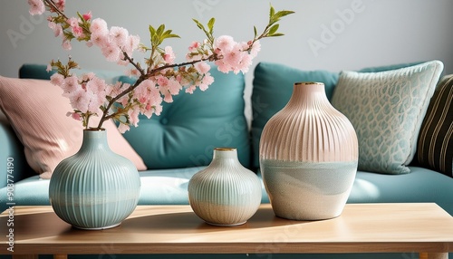 Elegant Contrast: Blossom Branches in Ceramic Vases Against Sofa in Art Deco, Shabby Chic Home" © Sadaqat