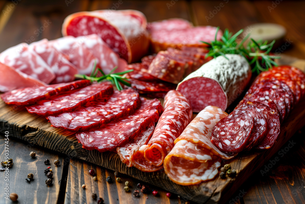 A wooden cutting board with a variety of meats, including salami, pepperoni, and sausage A wooden cutting board with a variety of meats, including salami, pepperoni, and sausage