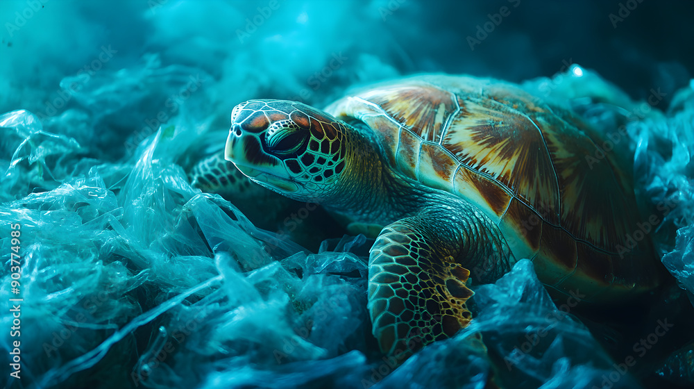 Fototapeta premium A sea turtle rests among plastic debris on the ocean floor, showcasing its vibrant shell colors and intricate patterns, while surrounded by a blue-toned murky water environment