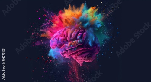 Colorful brain exploding with vibrant powder, symbolizing creativity, imagination, and innovation. Perfect for concepts related to art, science, and inspiration.