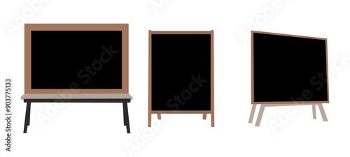  Empty blank chalkboards with wooden stands isolated.