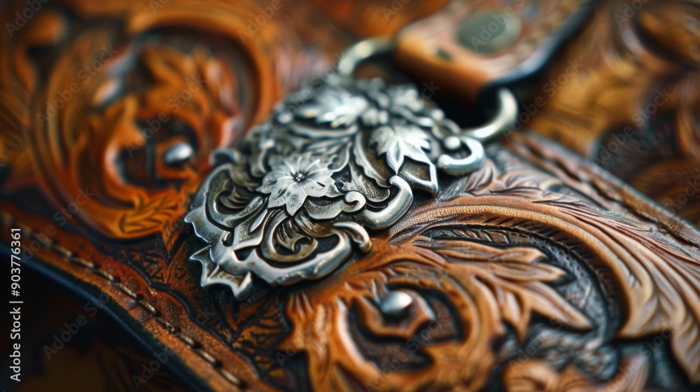 A close-up view of beautifully crafted leather showcasing intricate floral patterns and a decorative metal buckle. A close-up view of beautifully crafted leather showcasing intricate floral patterns and a decorative metal buckle.