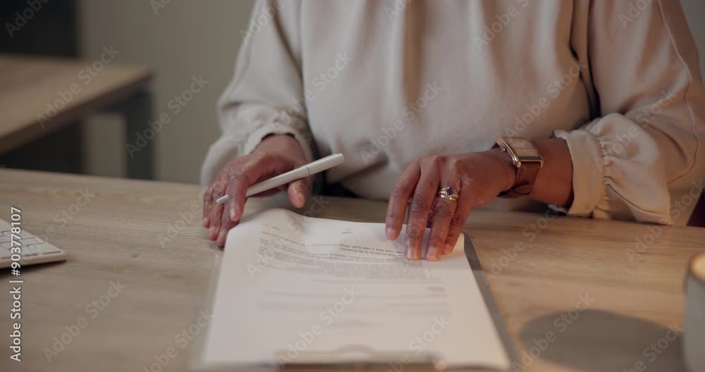Business, woman and hands with document contract to review information, legal process and sign agreement. Person, writing and paperwork for negotiation detail, compliance and terms of risk management