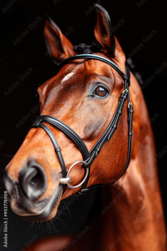 Fototapeta premium Close-up of a bay horse wearing a black bridle