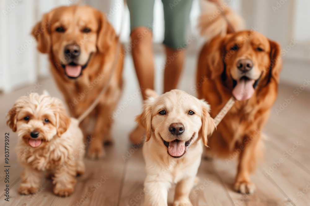 Family and their golden retrievers enjoy a sunny day out