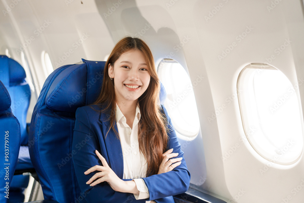 An Asian businesswoman takes a plane ride near the window to travel for a business discussion. She smiles while looking out the window, enjoying the journey and preparing for her meetings. An Asian businesswoman takes a plane ride near the window to travel for a business discussion. She smiles while looking out the window, enjoying the journey and preparing for her meetings.