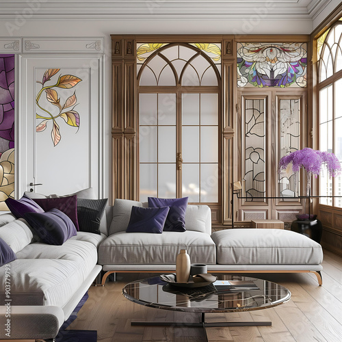 Art Deco style interior design of the fantastic living room with arch windows, smooth lines and some purple and gold elements. A lot of light, stylish furniture and creative details.