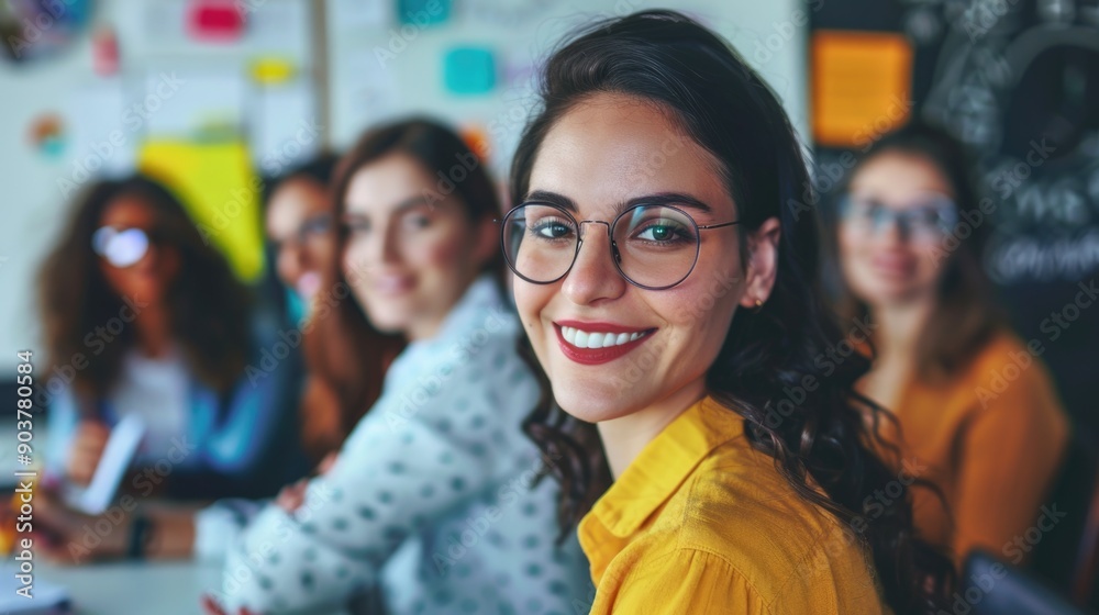 Obraz premium Group of women studying together at a table with a blackboard background, ideal for education or meeting concepts