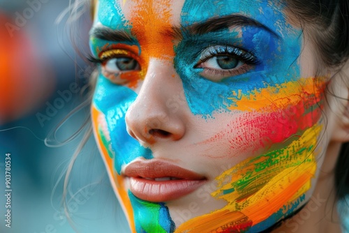 Fans painting their faces with national colors, pride, fun photo