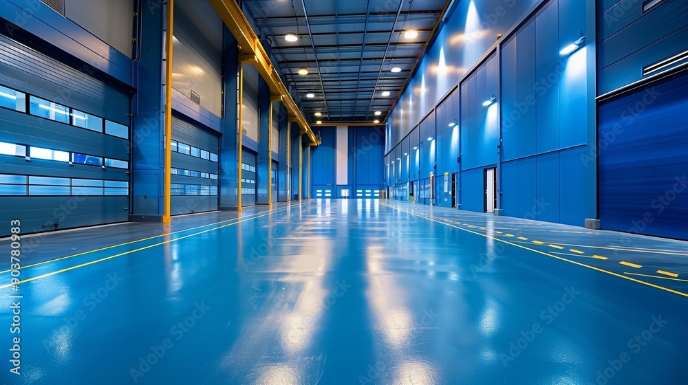 modern industrial warehouse interior with a clean and polished blue floor, yellow safety lines, and high ceilings. modern industrial warehouse interior with a clean and polished blue floor, yellow safety lines, and high ceilings.