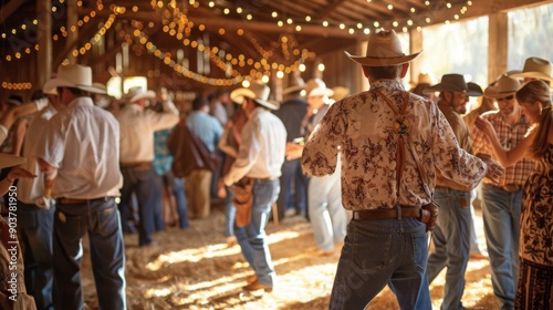 Guests enjoy lively dancing in a charming barn decorated with string lights, creating a festive atmosphere.