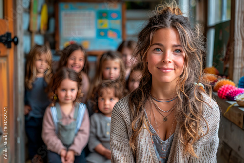 Portrait of a smiling teacher with her students on the first day of school