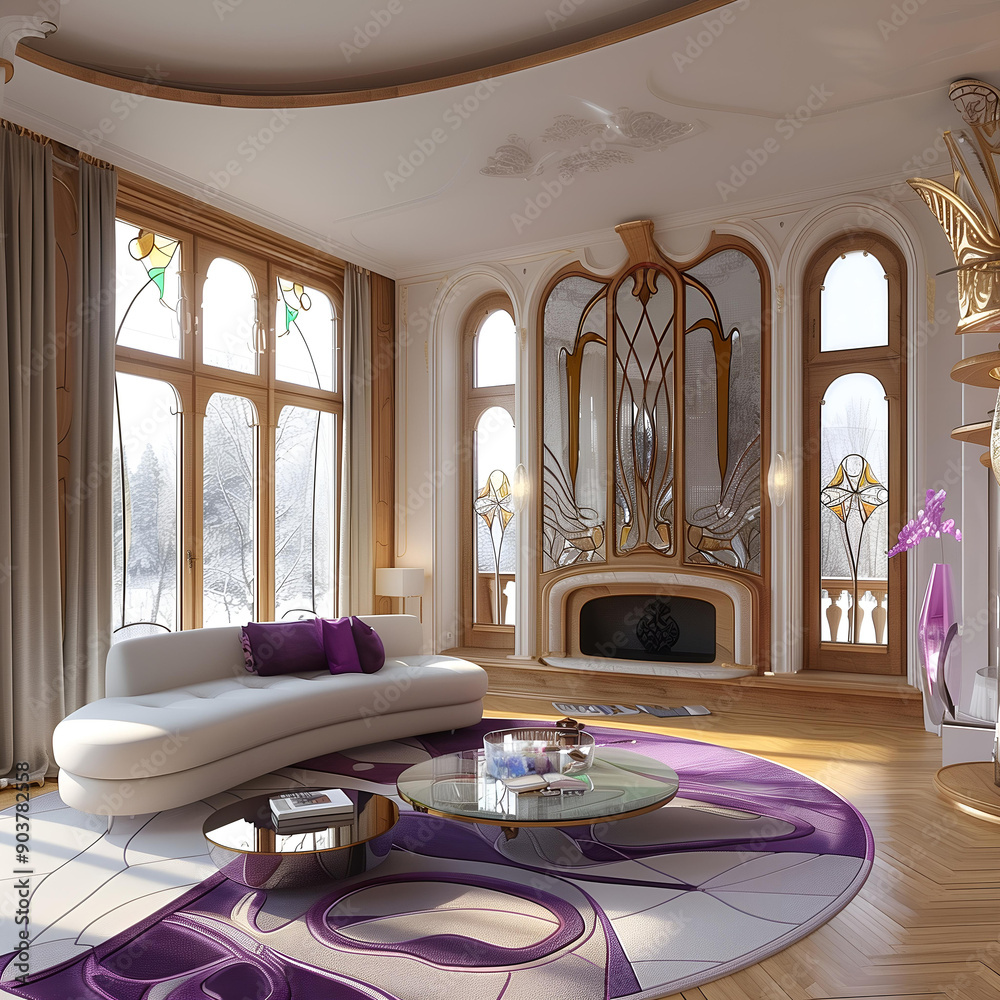 Art Deco style interior design of the fantastic living room with arch ...