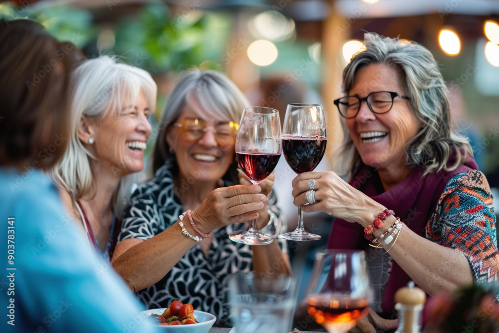 Middle-Aged Women Laughing and Toasting with Red Wine Outdoors Middle-Aged Women Laughing and Toasting with Red Wine Outdoors
