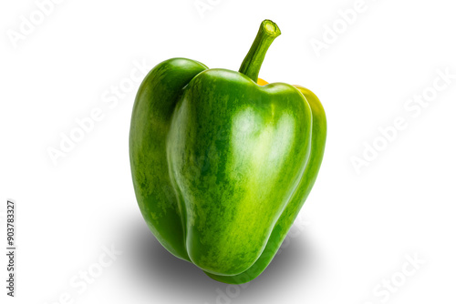 Single fresh green bell pepper, paprika isolated on white background with clipping path, closeup view.