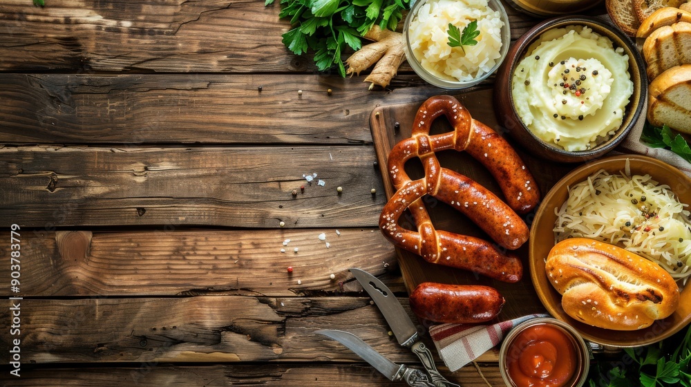 Classic Bavarian Sausages with Pretzels, Mashed Potatoes, and Sauerkraut on Rustic Wooden Table Classic Bavarian Sausages with Pretzels, Mashed Potatoes, and Sauerkraut on Rustic Wooden Table